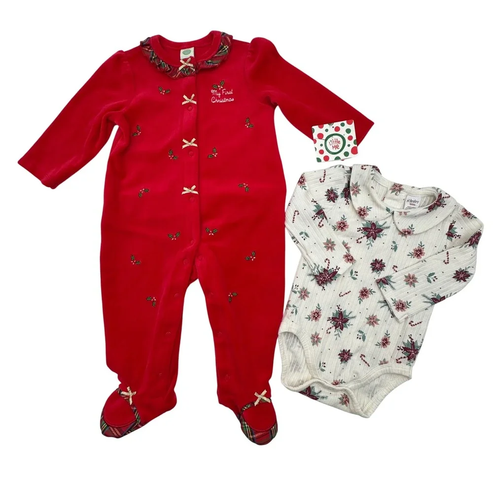 Little Me PL Baby Girls‎ 9M Red Velour Christmas Footie and Bodysuit 2 Pc Bundle